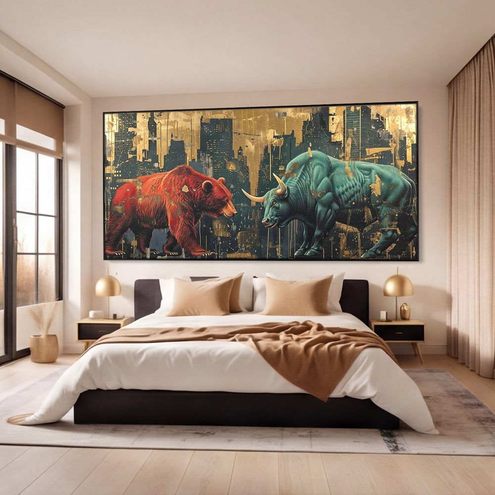 Tablou canvas cu tablou canvas cu taur si urs, in rama de aluminiu negru, pe perete intr-un dormitor